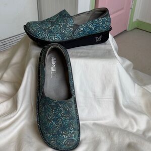 Alegria Teal and Black Floral Slip-On Shoes